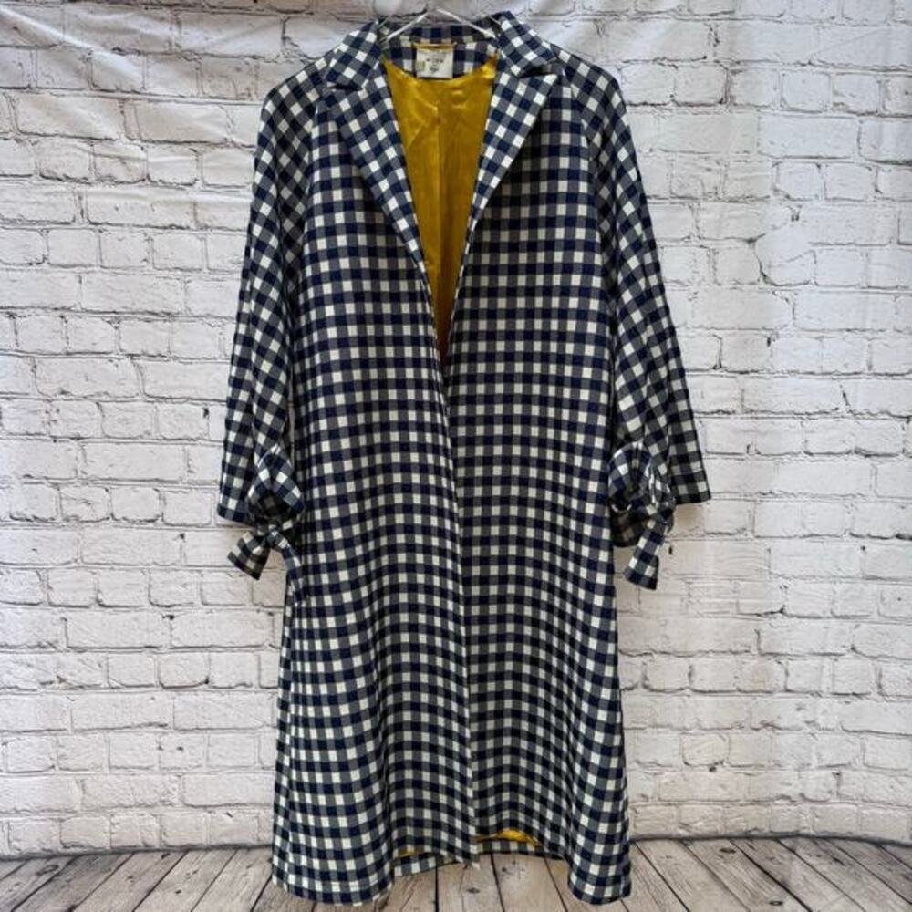 Seen Worn Kept Jacket Gingham Tie-Cuff Coat Plaid‎ Blue White Size 6 Open Front